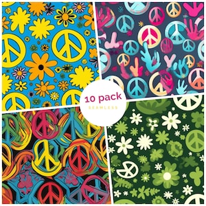 May include: A set of 10 digital seamless patterns featuring peace signs and flowers in various colors and styles. The patterns are perfect for creating backgrounds, textiles, and other creative projects.