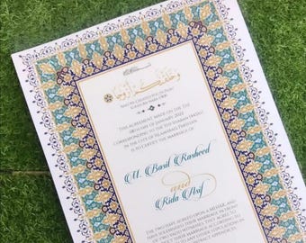 May include: A white and gold Islamic wedding certificate with blue and green floral designs. The certificate states "This agreement made on the 17th day of January 2022 corresponding to the 5th Shaban 1443AH in the city of Islamabad Pakistan is to certify the marriage of M. Basil Rasheed and Rida Asif."