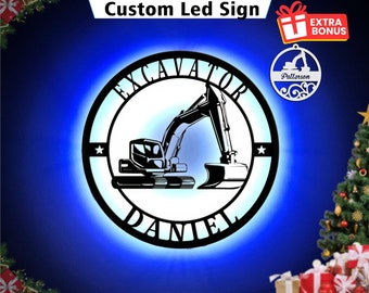 Excavator LED Wall Art - Construction Decor, Personalized Metal Vehicle Sign for Operators