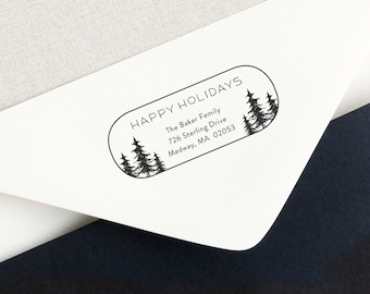 Happy Holidays Personalized Return Address Stamp, Tree Address Stamp, Self-Inking Return Address Stamp, Wood Stamp, Custom Stamp, No. 87