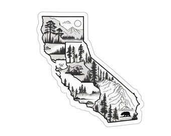 May include: A black and white sticker in the shape of California, featuring a detailed landscape design. The design includes trees, mountains, a bear, and a sun, all within the state's outline. The sticker has a white border.
