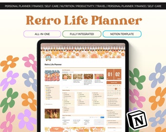 Modèle de planificateur de vie tout-en-un Retro Notion 2023 et 2024, planificateur TDAH, modèle Notion Life, planificateur numérique tout-en-un et journal