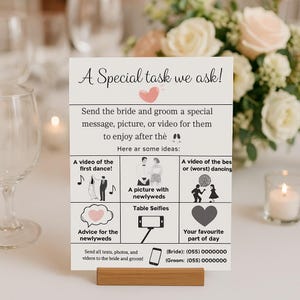 Placa de mesa para convidados de casamento, mensagem especial e cartão de solicitação de fotos, lembrança de recepção para a noiva e o noivo