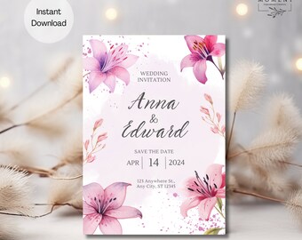 Wildflower Wedding Invitation, Elegant Floral Wedding, Invitation Template, Printable Wedding, Boho Wildflower Invitation, Lily Flower Card