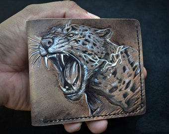 Leather Bifold Wallet Handmade,Genuine leather,Tiger Stamped.Carving leather