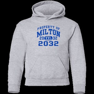 May include: Gray hooded sweatshirt with blue text that reads "PROPERTY OF MILTON 20 XXL 32 2032".