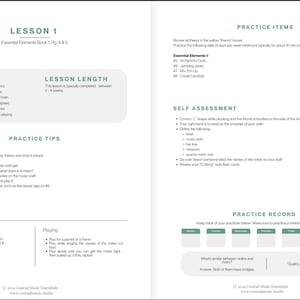 May include: Open book with text, titled "Lesson 1" from "Essential Elements Book 1." The pages include sections on overview, lesson length, practice tips, practice items, self-assessment, and a practice record. The text is in black on a white background.