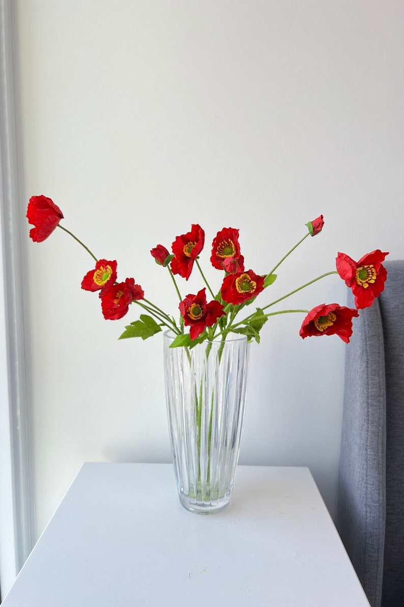 Artificial Poppy Flowers 22 4 Heads Silk Branch Long Stem, Home Wedding DIY Florals Housewarming Garden Table Party Bridal Bouquet Decor Red