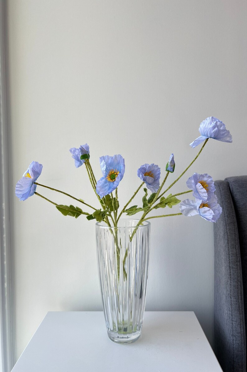 Artificial Poppy Flowers 22 4 Heads Silk Branch Long Stem, Home Wedding DIY Florals Housewarming Garden Table Party Bridal Bouquet Decor Light Blue