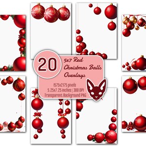 5x7" rote Weihnachtskugeln Overlays | 20 PNGs | Transparenter Hintergrund | Sofortiger Download | Einladungen | Karten | Ränder | Ecken | Rahmen