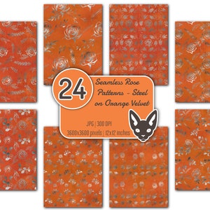 12x12" Rosenmuster - Stahl auf orangem Samt | Nahtlos Digital Papier | Sofort Download | Rapportiertes Muster | 24 JPG Dateien