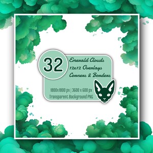 12x12&quot; Emerald Clouds Overlays Set | PNG with Transparent Background | Instant Download | Digital Clip Art | Set of 32 PNG Clip Art Files