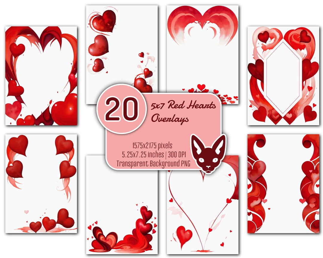 Watercolor Red Hearts Overlays: 5x7 Card Design Elements (PNG, Digital ...