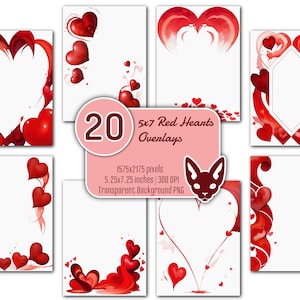 5x7" rote Herzen Overlays Set | 20 PNGs | Transparenter Hintergrund | Sofortiger Download | Einladungen | Karten | Ränder | Ecken | Rahmen