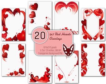 5x7&quot; Red Hearts Overlays Set | 20 PNGs | Transparent Background | Instant Download | Invitations | Cards | Borders | Corners | Frames