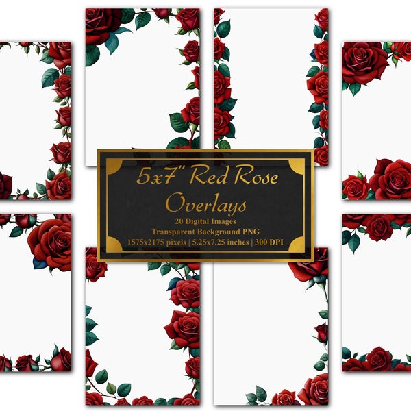 5x7" Red Rose Overlays Set | 20 PNGs | Transparent Background | Instant Download | Invitations | Cards | Borders | Corners