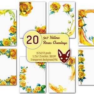 5 x 7" gele roos-overlays set | 20 png-bestanden | Transparante achtergrond | Direct downloaden | Uitnodigingen | Kaarten | Randen | Hoeken | Frames
