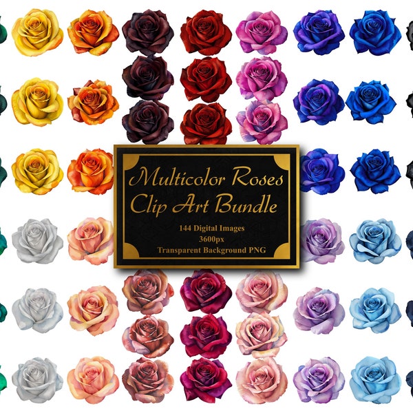 Multicolor Roses in Watercolor | PNG with Transparent Background | Instant Download | Digital Clip Art | Set of 144 PNGs | Clip Art Bundle