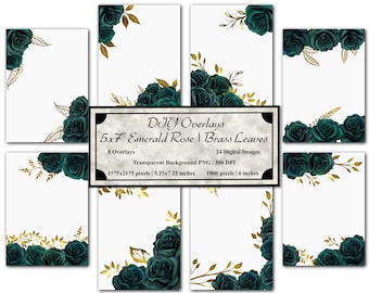 DIY - 5x7" Emerald Rose & Brass Leaves Overlays Set | 32 PNGs | Transparent Background | Instant Download | Invitations | Cards | Frames