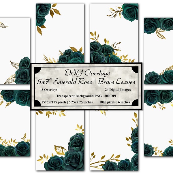 DIY - 5x7" Emerald Rose & Brass Leaves Overlays Set | 32 PNGs | Transparent Background | Instant Download | Invitations | Cards | Frames