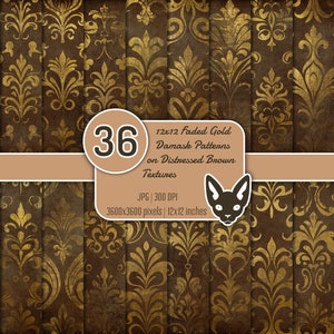 12x12" - Verblasstes Gold Damast Muster auf beunruhigter brauner Textur | | Altes Vintage Papier | | Druckbare digitale Papiere | JPG | 3600x3600 px