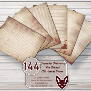 Papelería imprimible: papel antiguo con manchas rojas / 144 archivos JPG / 4 archivos PDF / tamaño carta de EE. UU. / media carta de EE. UU. / A4 / A5 / liso y rayado / 300 DPI