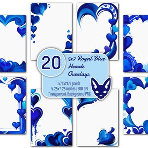 Set koningsblauwe harten van 5 x 7 inch | 20 png-bestanden | Transparante achtergrond | Direct downloaden | Uitnodigingen | Kaarten | Randen | Hoeken | Frames