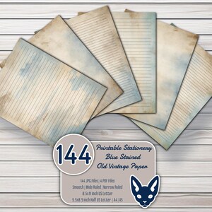 Papelería imprimible: papel antiguo con manchas azules, 144 archivos JPG, 4 archivos PDF, tamaño carta de EE. UU., media carta de EE. UU., A4, A5, liso y rayado, 300 DPI