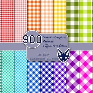 May include: A set of 900 seamless gingham patterns in 6 different styles and 150 colours. The patterns are 12 inches by 12 inches and 3600 pixels by 3600 pixels. The patterns are in a variety of colours, including red, orange, yellow, green, blue, and purple.