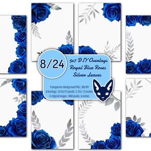 DIY - 5 x 7" set koningsblauwe roos en zilveren bladeren | 32 png-bestanden | Transparante achtergrond | Direct downloaden | Uitnodigingen | Kaarten | Frames
