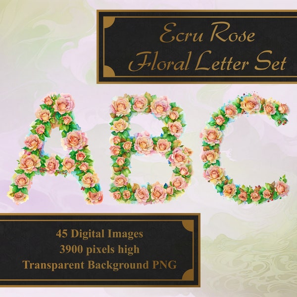 Ecru Rose Floral Letters Clip Art Set | Abstract Watercolor Flower Letters | PNG with Transparent Background | Instant Download