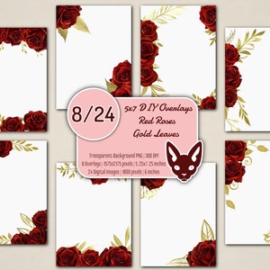 DIY - 5x7" rote Rose & Blattgold Overlays Set | 32 PNGs | Transparenter Hintergrund | Sofortiger Download | Einladungen | Karten | Rahmen