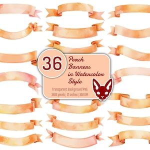 Puede incluir: 36 pancartas de acuarela de color melocotón con fondo transparente. Las pancartas son de diferentes tamaños y formas, y algunas tienen un ligero tono rosado. El texto "36 Peach Banners in Watercolor Style" está en un cuadro rojo.
