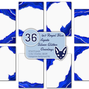 Juego de superposiciones de ágata azul real de 5 x 7" con purpurina plateada / 36 PNG / Fondo transparente / Invitaciones / Tarjetas / Bordes / Esquinas / Marcos