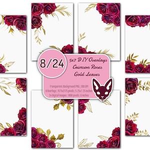 Puede incluir: Conjunto de 24 superposiciones digitales con rosas carmesí y hojas doradas. Las superposiciones miden 13,3 x 18,4 cm y son perfectas para agregar un toque de elegancia a tus proyectos digitales.