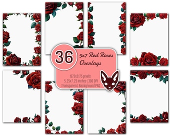 5x7&quot; Red Rose Overlays Set | 36 PNGs | Transparent Background | Instant Download | Invitations | Cards | Borders | Corners
