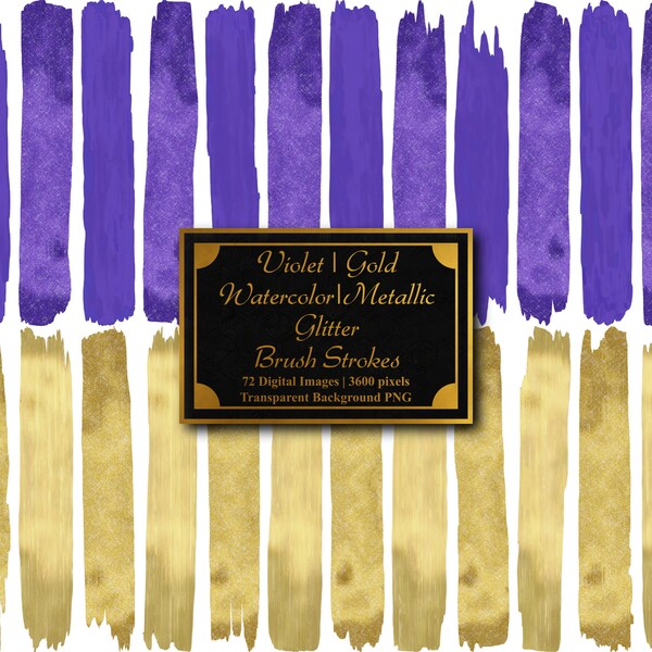 Violet & Gold - Watercolor Metallic Glitter Paint Brush Strokes | 72 PNG Clip Art Set | Smudges | Transparent Background | Commercial Use