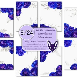 Set di sovrapposizioni di foglie d'argento e fiori viola fai da te 5x7" (peonia dalia garofano) / 32 PNG / sfondo trasparente / inviti / cartoline