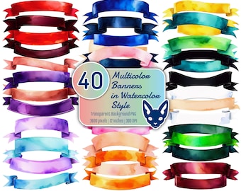 Banners de fitas de aquarela: 40 designs de clipart PNG (download digital)
