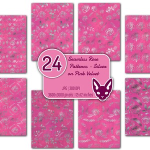 May include: 24 seamless digital paper patterns featuring silver roses on a pink velvet background. The patterns are 3600x3600 pixels and 12x12 inches.