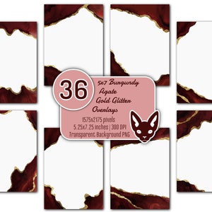 May include: Set of 36 burgundy agate overlays with gold glitter accents. Each overlay is 5.25 inches by 7.25 inches and has a transparent background.