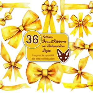 Yellow Bows and Ribbons in Watercolor Style | PNG with Transparent Background | Instant Download | Digital Clip Art | Set of 36 PNG Files