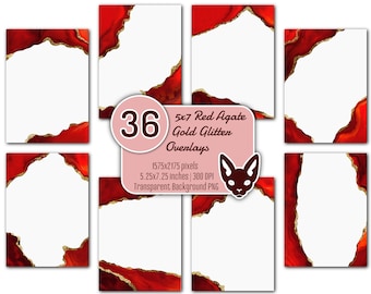 Superposiciones de ágata roja con brillo dorado: 36 bordes de tarjetas PNG (5x7")