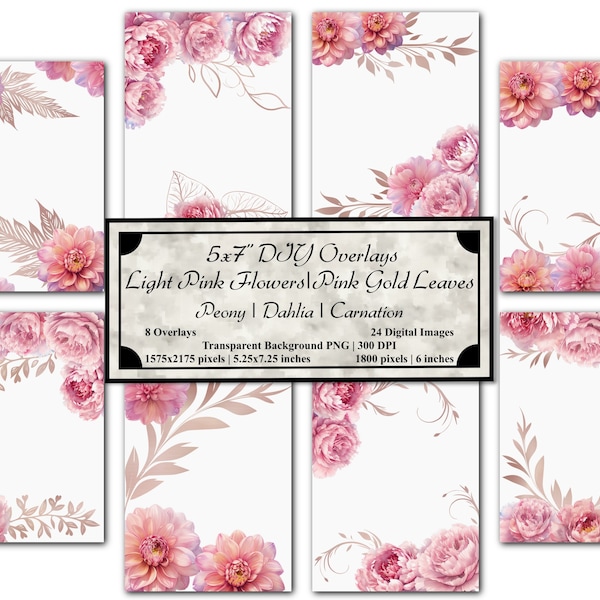 DIY 5x7" Light Pink Flowers (Peony Dahlia Carnation) & Pink Gold Leaves Overlays Set | 32 PNG | Transparent Background | Invitations | Cards