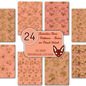 12x12" Rose Muster - Messing auf Pfirsich Samt | Nahtloses Digital Papier | Sofort Download | Rapportiertes Muster | 24 JPG Dateien