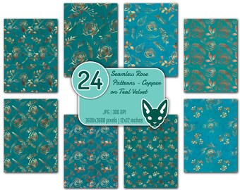 Copper Rose Pattern: Teal Velvet Seamless Digital Paper (Set of 24 JPG Files)