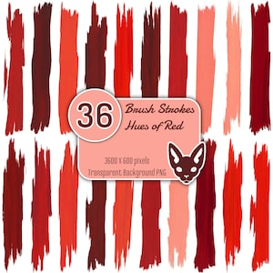 May include: A digital graphic featuring 36 brush strokes in various hues of red. The image includes a pink label with the number 36, the text "Brush Strokes Hues of Red", and a cat silhouette. The image is 3600 x 600 pixels with a transparent background.