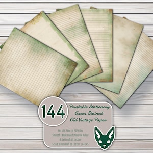 Papelería imprimible: papel antiguo con manchas verdes / 144 archivos JPG / 4 archivos PDF / tamaño carta de EE. UU. / media carta de EE. UU. / A4 / A5 / liso y rayado / 300 DPI