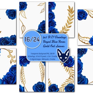 DIY - Ensemble de superpositions de feuilles de roses bleu royal 5 x 7" et feuille d'or | 40 PNG | Fond transparent | Invitations | Cartes | Cadres floraux