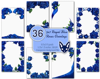5x7&quot; Royal Blue Rose Overlays Set | 36 PNGs | Transparent Background | Instant Download | Invitations | Cards | Borders | Corners | Frames